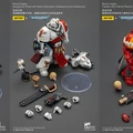 Three detailed action figures of Blood Angels are displayed, featuring a Sanguinary Priest and a Captain. The Sanguinary Priest is equipped with a heavy bolt pistol, chainsword, and various accessories, including a narthecium and a base for display. The Captain, dressed in red armor, holds an Inferno Pistol and is accompanied by additional interchangeable parts, such as hands and heads, showcasing the figures' articulation and customization options.
