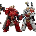 Three action figures representing Blood Angels Space Marines stand side by side. The first figure on the left is clad in red armor, holding a gun, and features intricate detailing. The central figure, also in red, has a prominent golden halo and a cape, while the figure on the right wears white armor with red accents and is equipped with various accessories, including a holstered weapon and a mechanical arm.