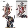 A Black Templar miniature stands prominently, holding a large, ornate banner adorned with skulls and intricate designs, including a red and white color scheme. The figure is clad in dark armor with silver accents, wielding a sword in one hand while the other grips the banner pole. An inset image shows an alternative assembly option for the banner, highlighting different design elements.