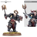 A Black Templar miniature stands prominently, showcasing a heavily armored figure with a skull-like face and a large, ornate shoulder pad. The character wields a power sword in one hand and a pistol in the other, with a distinctive halo-like emblem above their head. The base features grass and rocky terrain, enhancing the model's dynamic pose and detailing. An inset image highlights optional assembly features for customization.