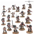 A collection of 20 miniature figures representing the Black Templars from the Warhammer 40,000 universe, arranged on a light-colored surface. The models are predominantly clad in black armor with red and white accents, showcasing various weapons such as swords, bolters, and shields. Some figures are posed dynamically, while others stand in more static positions, highlighting their distinct roles within the chapter, including a prominent figure likely representing the Emperor’s Champion.