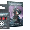 A set of Black Templars-themed dice and datasheet cards is displayed prominently. The dice are black with red symbols, featuring a star design, while the datasheet cards are packaged in a box that showcases a Black Templar warrior in armor, wielding a weapon. The background of the card features a dramatic illustration of other Black Templar figures, emphasizing the theme of the Warhammer 40,000 universe.