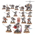 A collection of 15 miniature figures from the Warhammer 40,000 universe, showcasing the Black Templars and Grey Knights. The front center features a prominent character in ornate armor, holding a banner, flanked by various warriors equipped with swords, guns, and other weapons. The figures are painted in a mix of silver, black, and red, with intricate details highlighting their armor and weaponry, set against a simple brown base.