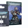A pack of Grey Knights dice is displayed alongside a set of Grey Knights datasheet cards, both featuring the Warhammer 40,000 branding. The dice are predominantly grey with a white design, while the datasheet card pack showcases a striking illustration of a Grey Knights character in armor, wielding a weapon and surrounded by a dramatic background. The overall presentation emphasizes the thematic elements of the Grey Knights faction in the Warhammer 40,000 universe.