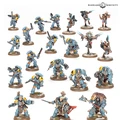 A collection of miniatures features a variety of Grey Wolves and Tyranids, showcasing detailed paintwork and dynamic poses. The Grey Wolves are predominantly clad in blue armor with yellow accents, wielding various weapons such as chainswords and bolters, while some figures display intricate details like fur and armor embellishments. The scene includes a mix of infantry and larger characters, emphasizing the diverse range of units available for players.