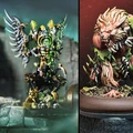 A detailed steampunk miniature of Mortenebra, the Iron Liche, stands prominently on the left, featuring intricate armor with green and gold accents, large metallic wings, and a skeletal visage. On the right, a fierce creature resembling a werewolf is depicted, with a muscular build, wild fur, and a menacing expression, adorned with foliage and sharp claws. Both figures are set against contrasting dark and moody backgrounds, highlighting their unique designs.