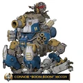 A stylized illustration features Captain Connor "Boom Boom" McCoy standing atop a large, armored warjack. The warjack is primarily painted in shades of blue and gold, with various mechanical details, including multiple cannons and a prominent skull emblem. McCoy, wearing a red cape and goggles, points forward confidently, ready for action, while the base of the image shows cracked stone, suggesting a dynamic battlefield setting.