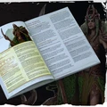 An open book displays detailed content related to the Legends of Aetheron campaign, featuring a character named Galadren, the Marchwarden Queen. The left page includes a character profile with statistics and abilities, while the right page contains lore and gameplay mechanics, all marked as "5E Compatible." In the background, a detailed miniature of Galadren stands, showcasing her intricate design and nature-themed attire.