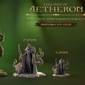 A detailed display features three miniature models of Galadren, the Marchwarden Queen, from the Legends of Aetheron series. The largest model, at 1:10 scale, showcases Galadren with elaborate attire and a commanding pose, flanked by stylized tree-like elements. Two smaller models are presented in 75mm and 32mm scales, highlighting the intricate designs and features of the character. The background is a gradient of green, enhancing the fantasy theme.