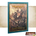 A detailed cover of the "Arcane Journal: The War of Settra’s Fury" features a dramatic illustration of undead warriors, including Liche Priests and Royal Heralds, set against a backdrop of ancient ruins. The journal is bound in teal with ornate gold detailing, prominently displaying the title and the Warhammer logo at the top. The overall composition evokes a sense of ancient lore and impending conflict, fitting for the themes of the Old World.