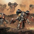 A group of Space Marines in MkII Assault Armor is depicted, showcasing their distinctive jetpacks and weapons. The Marines are set against a gritty, war-torn background with a smoky atmosphere, emphasizing the grim aesthetic of the Warhammer 40,000 universe. Their armor features a metallic finish with yellow and black stripes, highlighting their dynamic poses as they prepare for battle.