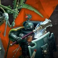 A Space Marine in dark green armor stands prominently in the foreground, wielding a large, glowing hammer and a shield adorned with intricate text and skull motifs. To the left, a Necron warrior, characterized by its skeletal frame and glowing green accents, raises a scythe-like weapon. The background features a dynamic orange geometric pattern, enhancing the tension of the scene.