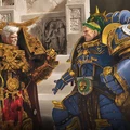 Two imposing Space Marine characters stand facing each other in a dramatic confrontation. On the left, a figure clad in ornate gold armor, adorned with skull motifs and a flowing red cape, exudes authority and intensity. Opposite him, a blue-armored Space Marine with a laurel crown and a confident expression stands ready, showcasing intricate details on his armor. The background features a partially ruined architectural setting, enhancing the epic atmosphere of their encounter.