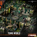A detailed tabletop gaming scene depicts a modular Necron-themed killzone from the Warhammer 40,000 universe, featuring various miniatures. In the foreground, a Deathwatch Space Marine stands ready for battle, while several Necron warriors are positioned throughout the environment, which includes intricate walls adorned with glowing green elements and a circular teleportation pad. The overall atmosphere is dynamic, showcasing the impending conflict between the two factions in a richly designed setting.