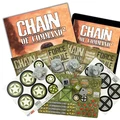The image showcases the new edition of "Chain of Command," featuring the rulebook prominently at the top, with the title clearly visible. Surrounding the rulebook are various game components, including morale trackers, tokens with military symbols, and resin Jump Off Points. An iPad displaying the game interface is also included, emphasizing the digital aspect of the game.