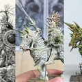A triptych showcases the evolution of Ian Miller's Chaos beastmen illustrations into miniatures. The left panel features a detailed black-and-white illustration, while the center displays a partially painted miniature with intricate textures and a rider adorned with elaborate armor. The right panel presents a fully painted miniature, vividly colored with a striking green and gold scheme, depicting a beast with a menacing expression.