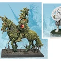 A detailed miniature of a Chaos beastman riding a grotesque, spiky horse, adorned with red gems and intricate armor, stands prominently on a textured base. To the right, a second miniature depicts a figure with a large, fluffy white coat and armored legs, holding a staff, set against a pale blue background featuring abstract designs. The overall aesthetic reflects Ian Miller's unique vision of Chaos, showcasing the fantastical and eerie elements of his illustrations.