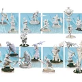 A collection of detailed miniature figures inspired by Ian Miller's illustrations, showcasing a variety of Chaos beastmen and their followers. The miniatures are presented in a range of dynamic poses, featuring intricate armor and weaponry, set against a light blue background. The assortment includes heavily armored knights, monstrous creatures, and anti-heroes, all sculpted in either 28 or 32mm scales.