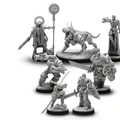 A collection of detailed miniatures features various mechanical and armored figures, including a central character wielding a sword and a staff, flanked by a robotic dog and several warriors in intricate armor. The miniatures are designed with a steampunk aesthetic, showcasing gears and mechanical elements, all rendered in a gray, unpainted finish. The scene is set on a textured base that adds depth to the display, emphasizing the fantasy theme suitable for tabletop gaming.