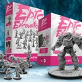 Two boxes of "Epic Encounters" from Steamforged Games are prominently displayed against a blue background. The left box, titled "Sanctuary of the Steelborn," features a variety of detailed miniatures, including humanoid figures and mechanical constructs. The right box, labeled "Realm of the Titan," showcases a large, intricately designed mechanical monster on a circular base, emphasizing the adventure's epic scale.