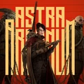 A central character stands confidently in the foreground, holding a firearm, dressed in a detailed, dark outfit with a long cape and various accessories. Behind her, three figures in rugged, tactical gear create a strong presence, each with unique features and expressions. The background features bold, stylized text reading "ASTRA ARCANUM" in large, golden letters against a vibrant red backdrop, enhancing the dynamic and adventurous theme of the RPG.