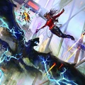 A dynamic scene depicts a character in mid-air, wielding a glowing weapon, as they confront a large, shadowy dragon-like creature. The background features a futuristic cityscape with bright neon lights and electric arcs, enhancing the cyberpunk atmosphere. The character, dressed in a red top, appears to be engaged in an intense battle, embodying the blend of action and mysticism central to the Shadowrun universe.