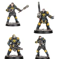 Four miniatures of Palanite Enforcers are displayed, showcasing their imposing designs. Each figure is heavily armed and armored, featuring a color scheme of black and yellow, with distinctive insignia. The miniatures include various weapons such as a shock baton and a firearm, emphasizing their role as law enforcers in the Necromunda setting.