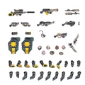A collection of detailed miniature components for the Palanite Enforcers from Necromunda, featuring various weapons and upgrade parts. Prominent items include rifles, pistols, shock batons, assault shields, and a selection of heads and arm pieces. The components are intricately designed with a mix of metallic and vibrant colors, showcasing the futuristic and militaristic aesthetic of the Enforcers.
