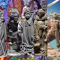 A collection of 28mm scale miniatures inspired by the artwork of Jim Fitzpatrick, showcasing various characters from Celtic mythology. The miniatures display intricate details, with some in grayscale and others in earthy tones, highlighting their unique designs and textures. The background features vibrant illustrations that complement the miniatures, enhancing the overall mythological theme.