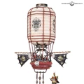 A detailed model of a Cathayan Sky Lantern, featuring a large, round lantern body wrapped in red rope, adorned with intricate designs. Below the lantern, a platform is equipped with sails and crew members, showcasing a mix of weaponry, including rifles and fire bombs. A small figure of a Cathayan general stands beside the lantern, highlighting the scale and intricacy of the model.
