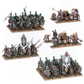 A detailed display of a Grand Cathay army features a variety of miniatures, including 30 Jade Warriors in ornate armor, equipped with hand weapons and shields or halberds, arranged in multiple units. The scene also showcases 10 Jade Lancer cavalry, two Cathayan Grand Cannons, and accompanying artillery crews, all set against a grassy base. Prominent banners and intricate details on the miniatures highlight the rich aesthetic of this new army.
