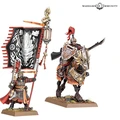A detailed depiction features two Grand Cathay miniatures: on the left, a Gate Master holding a flag adorned with intricate designs, and on the right, a mounted warrior equipped with ornate armor and a lance, riding a horse with decorative elements. The figures are set against a neutral background, showcasing their vibrant colors and intricate details, including the Gate Master's flowing robes and the warrior's elaborate armor. Both miniatures highlight the rich aesthetic of the Grand Cathay army.