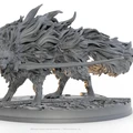 A highly detailed gray miniature of a large, wolf-like creature with flowing fur and a fierce expression, poised on a circular base. The creature has a long, curved sword embedded in its side, adding to its menacing appearance. The base features intricate textures, resembling cracked stone, enhancing the overall dramatic effect of the figure.