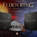 Two core boxes for the Elden Ring board game expansions, titled "Dominion of Rot" and "Machinations of the Witch," are prominently displayed. The "Dominion of Rot" box features a detailed, white wolf-like creature in the foreground, while the "Machinations of the Witch" box is positioned behind it, showcasing a character figure in a brown hue. The background features a dramatic gradient of red and blue, enhancing the fantasy theme, with the title "ELDEN RING: THE BOARD GAME - ROT & SORCERY" prominently featured at the top.