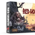 A game box for "Red North" features a stylized illustration of three warriors, including a large bearded figure and a smaller character, set against a backdrop of a Norse-inspired landscape with a tent and a large tree. The title "RED NORTH" is prominently displayed in bold red letters, with the designer's name, James Dickinson, below it. The box also includes the logos for Mighty Boards and La Mame Games.