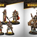 A group of five detailed miniatures from the Khador Old Umbrey Auxiliary Expansion for Warmachine is displayed. On the left, four figures are shown: two elite snipers, Liegemen Hunters, equipped with rifles, and two additional warriors in rugged armor, one wearing a distinctive red cape. On the right, a mounted figure rides a large, armored beast, showcasing intricate designs and a fierce expression. The overall color palette features earthy tones with accents of red and metallic details.