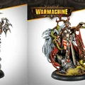 The image features two intricately designed miniatures from the Warmachine Khador Old Umbrey Auxiliary Expansion. On the left, a figure with a skeletal, branch-like appearance holds a staff, adorned with various textures and details. On the right, a witch, Olesea Reznikova, is depicted in a dynamic pose, wearing a mix of armor and flowing garments, with a serpent coiling around her arm and a dramatic backdrop of fur and foliage. Both miniatures are set against a light gradient background, emphasizing their detailed craftsmanship.