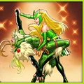 Enchantress and Loki are depicted in a playful dance, both wearing vibrant green costumes adorned with various details. Enchantress, with long blonde hair, is leading the dance, while Loki, with darker hair and a mischievous expression, is being twirled. The background features a warm, glowing effect with sparkling stars, enhancing the whimsical atmosphere of the scene.