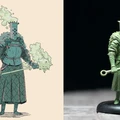 On the left, a colorful illustration depicts a knight with a distinctive square helmet, adorned in armor with a textured pattern, holding a staff topped with a spiked ball. Wisps of green smoke emanate from the figure, adding a mystical element. On the right, a three-dimensional resin miniature of the same knight is shown, featuring similar details but in a muted green color, standing on a black base against a dark background.