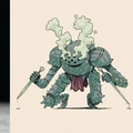 A detailed illustration features a unique armored figure with a bulbous head emitting greenish smoke, suggesting a mystical or toxic presence. The character wields two swords, one in each hand, and is adorned with spiked armor and a flowing red cloth. The background is a simple light color, emphasizing the character's distinctive design and features.