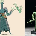 A stylized illustration on the left depicts a tall, armored knight with a textured, greenish-blue surface, holding a large, translucent green axe. The knight has a unique head resembling a tree or foliage. On the right, a three-dimensional resin miniature of the same knight is shown, featuring similar armor details and a raised sword, set against a dark background to highlight its features.