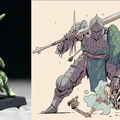 A green resin miniature of a cloaked figure crouches on a black base, showcasing intricate details in its design. Beside it, an illustration depicts a large armored knight wielding a spear, adorned with a flowing green cape, and standing over a defeated foe. The contrasting styles highlight the unique characters from Westfalia Publishing's new Kickstarter campaign, "The Lich Knights."