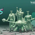 A collection of resin miniatures from Westfalia Publishing's Kickstarter campaign titled "The Lich Knights" is displayed against a dark green background. The figures include imposing knights with distinctive helmets, a halfling squire, and a minion, all intricately designed and posed with various weapons. The title "Lich Knights" is prominently featured in stylized lettering at the top, while the Westfalia logo appears in the top right corner.