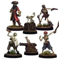 A set of five miniatures features a quartet of Skeleton Pirates and their companions. The swashbuckling captain stands prominently, dressed in a red coat and tricorn hat, while a skeletal monkey perches on a treasure chest beside him. The crew includes three additional skeletons: one holding a bottle, another brandishing a sword, and the last aiming a pistol, with a skeletal parrot sitting atop a cannon.