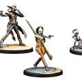 A trio of detailed miniatures from the Star Wars universe features Cad Bane, a tall figure in a long coat and wide-brimmed hat, holding a blaster in one hand. Beside him, Aurra Sing stands confidently, aiming her weapon with a determined expression, dressed in an orange outfit. On the right, a small droid, Todo 360, is depicted in a dynamic pose, showcasing its mechanical features. The bases of the miniatures are designed with a rocky terrain effect, enhancing their presence.