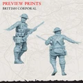 A detailed miniature of a British corporal from the 1918 wargame is shown, depicted in a dynamic pose with a rifle in hand. The figure is rendered in a light blue color, showcasing intricate details such as the corporal's uniform, equipment, and facial features. The background features a faded map, adding historical context to the scene, while the text "PREVIEW PRINTS" and "BRITISH CORPORAL" is prominently displayed at the top.