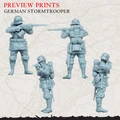 Four detailed miniature figures of German Stormtroopers are displayed, each in a different pose. The figures are cast in a light blue color, showcasing their military gear, including helmets, rifles, and backpacks. The background features a faded map, adding context to the World War I theme, while the text "PREVIEW PRINTS GERMAN STORMTROOPER" is prominently displayed at the top.