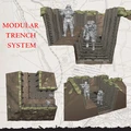 A modular trench system is depicted, showcasing three different views of intricately designed trench sections. The trenches feature wooden walls with sandbags on top, and two miniature soldiers are positioned within the trenches, one standing and one climbing. The background includes a faded map, adding historical context to the scene, while the text "MODULAR TRENCH SYSTEM" is prominently displayed in red.