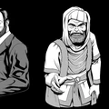 Two black and white illustrations feature distinct characters against a solid black background. On the left, a stern-looking man in a formal suit holds a small object in his left hand, his expression serious and contemplative. On the right, a bearded man in a simpler, more casual outfit gestures with an outstretched hand, displaying a wide, somewhat mischievous grin.