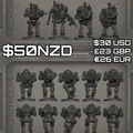 A collection of sci-fi miniatures is displayed, featuring two distinct groups: the CLUTCH units and the Necrotroopers. The top row showcases six detailed CLUTCH infantry models, equipped with various weapons and armor, while the bottom row presents eight Necrotrooper figures, characterized by their bulky, armored designs. The background is a textured gray, and pricing information is prominently displayed in bold text at the bottom.